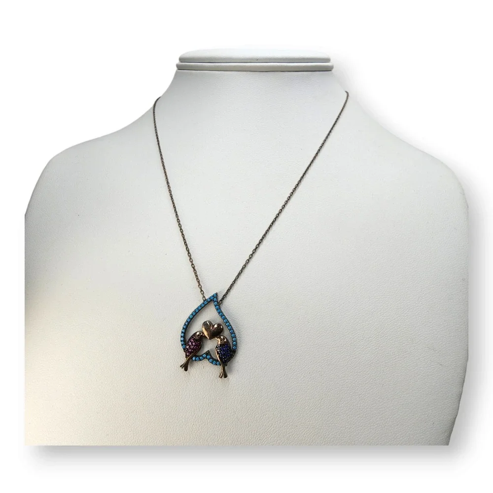 Adorable Lovebirds Necklace Sterling Silver 925 Goldwash Ruby Spinel Turquoise